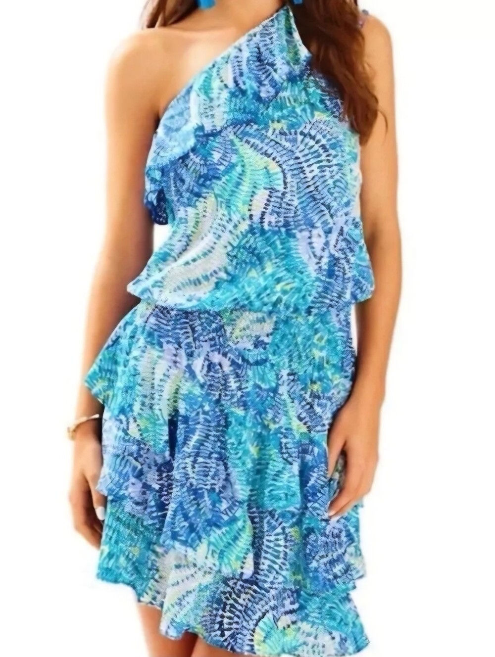 Lilly Pulitzer One-Shoulder Blue & Aqua Print Tiered Dress